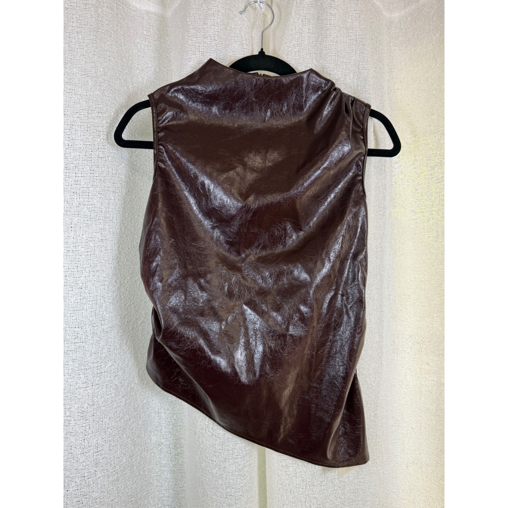 Faux Leather Asymmetrical Top Brown Vegan Leather Drape Tank Y2K Size M